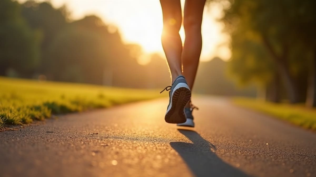 Coureur de dos sur un chemin de parc, alternant marche et course lente le matin