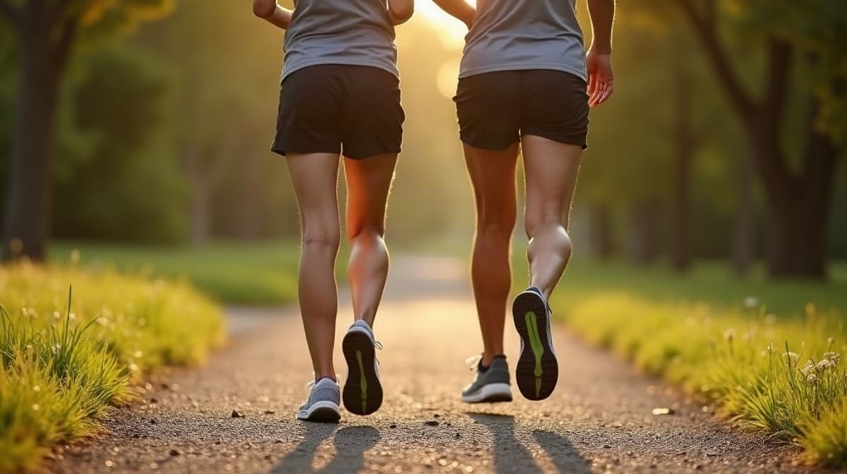 Deux coureurs de dos trottinant côte à côte sur un chemin de gravier