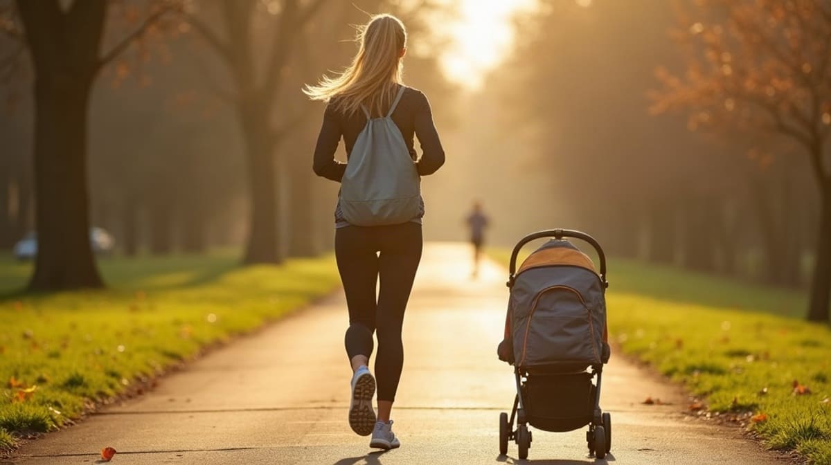 Femme de dos marchant d’un bon pas avec une poussette dans un parc le matin